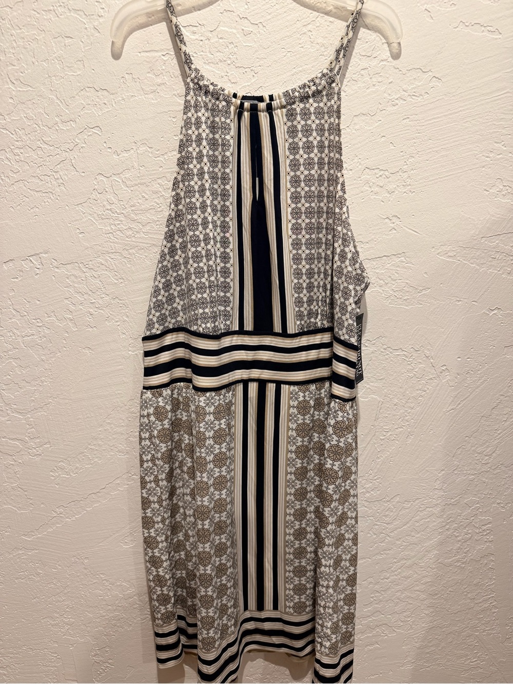 New York & Company Striped & Geometric Print Midi Dress in Black and Cream